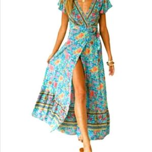 Boho Floral Vneck Maxi Wrap Dress